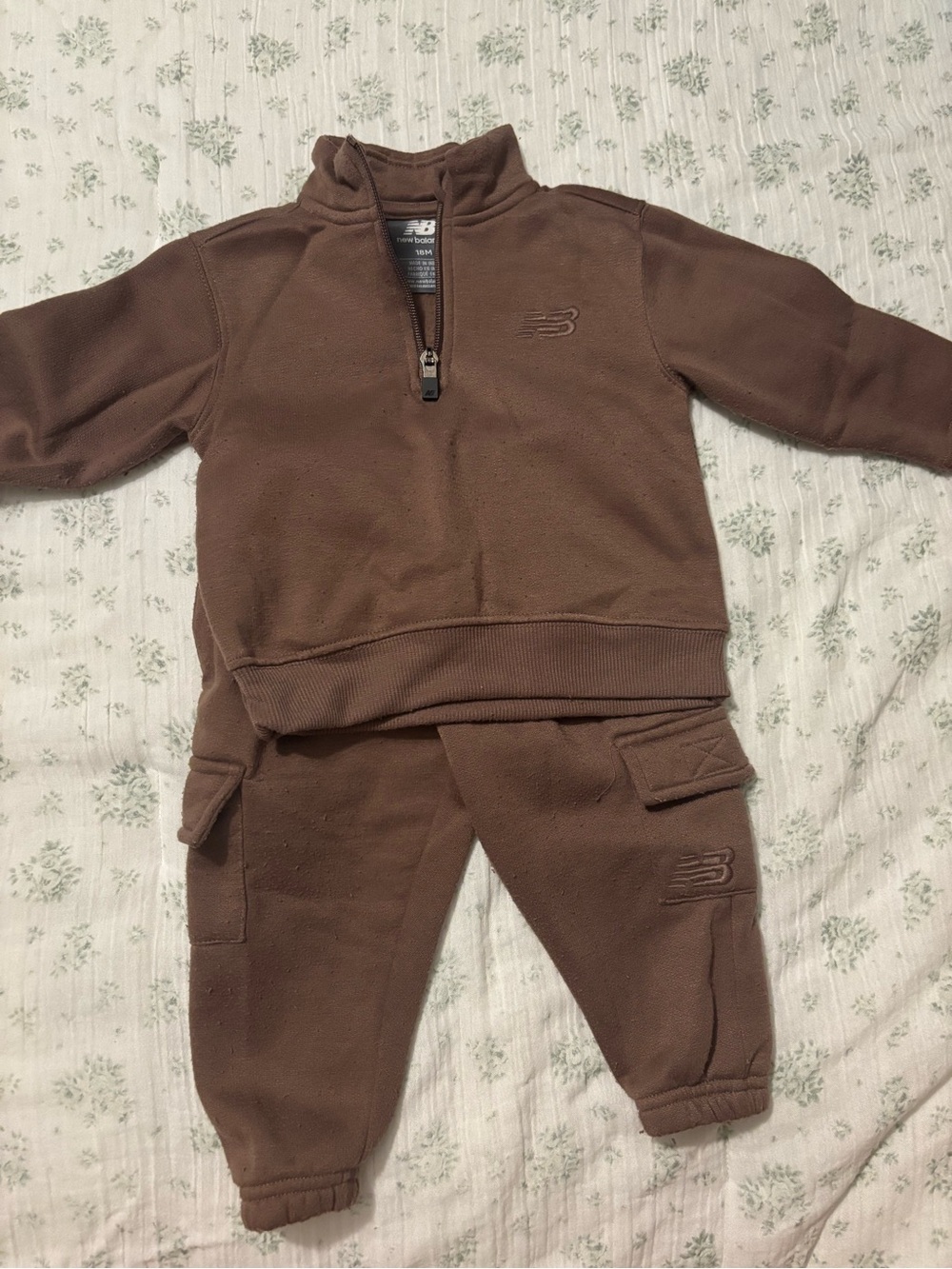 New Balance Brown Kids Fleece Quarter-Zip Sweatshirt & Cargo Joggers Set